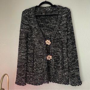 Lightweight Black and White Retro BCBG Cardigan with Wood Floral Flower Beads